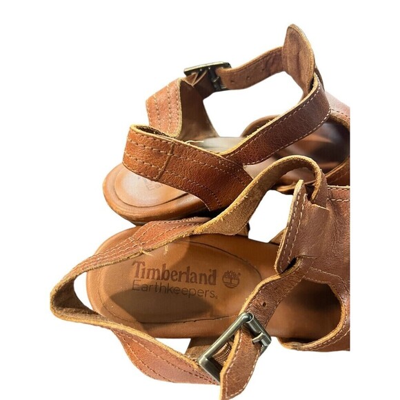 Timberland EK Stafford Leather Gladiator Heels Back Strap Brown Womens Size 9 - Picture 3 of 7